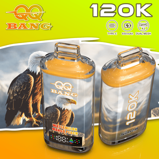 Two transparent vape juice bottles with amber caps, “BANG” branding, “WATERMELON MANGO PEACH,” and “120K” text on yellow background