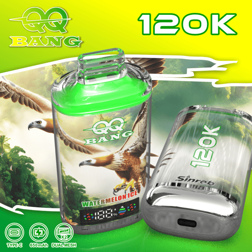 Green vaping e-liquid bottle and pod device labeled 12OK with “AQG BANG” and “WATERMELON ICE” on a green background