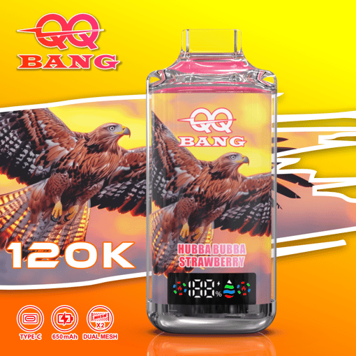 E-cigarette vape device packaging with Q Q BANG branding, “Hubba Bubba Strawberry” label and 120K text
