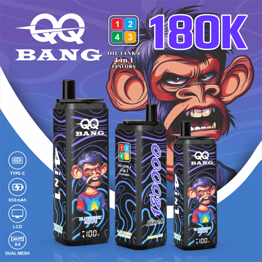 Promotional vape ad showing three oil tank 4 “Bang” bottles labeled 180K and “4 in 1 flavors” with cartoon character