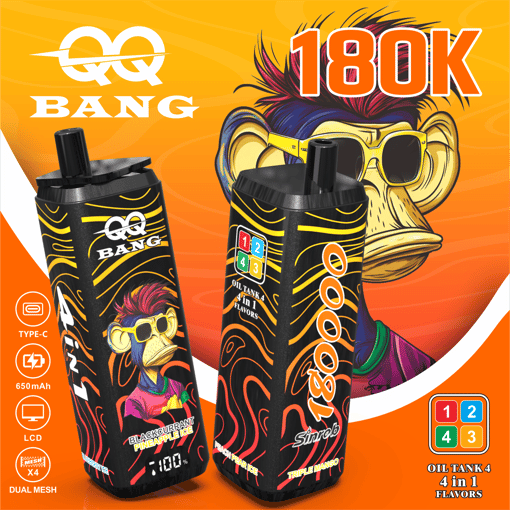 Gaming-style vape packaging featuring two oil tank devices labeled 180K BANG and Oil Tank 4 4-in-1 flavors