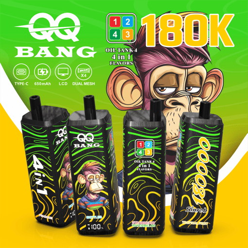 “Bang 1800” oil tank 4-in-1 vape bottles with cartoon monkey on green banner, flavors list 18K pack
