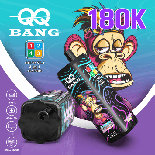 Funky graphic vape ad showing 18K Bang, a smiling monkey character, and oil tank 4-in-1 flavors 1–4