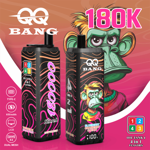 Bang 18 e-cigarette oil tank 4-in-1 flavors with cartoon gnome face on dual display cans