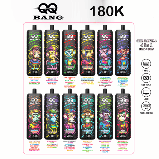 QQ BANG vape oil tank 4-in-1 flavors variety pack showing 12 colorful bottles and “180K” banner