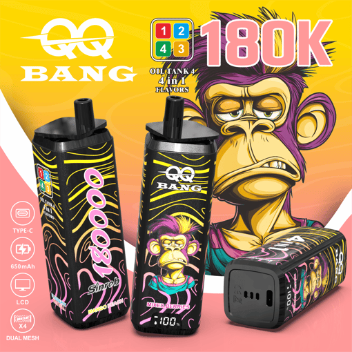 Gaming-style vape product ad showing two black bottles and an oil tank 4-in-1 flavor poster, “180K” title