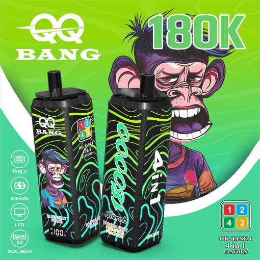 Gaming-style vape ad showing two black 4-in-1 oil tank bottles with neon wave graphics and angry cartoon character, 180k bang