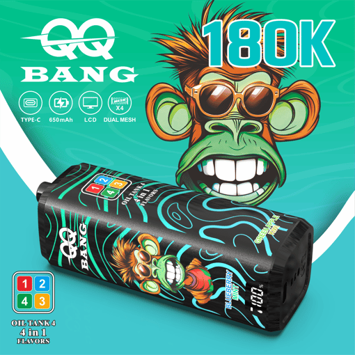 Gaming-style “BANG” banner featuring a 1800K vape with green illustration and “Oil Tank 4 4 in 1 Flavors” text