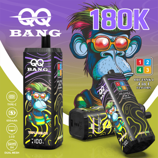 QQ Bang banana-themed vape display with a cartoon man, 18K, and 4-in-1 oil tank flavor numbers 1–4
