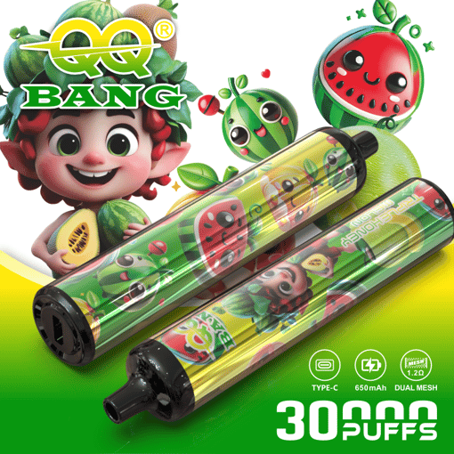 Cute cartoon juice characters with two green toy drink vape devices labeled 30 puffs on a green background