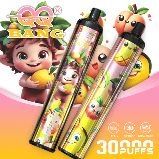 Colorful “BANG” branded vape pod device with cartoon fruit characters and “TYPE-C 650mAh DUAL MESH 30 PUFFS” text