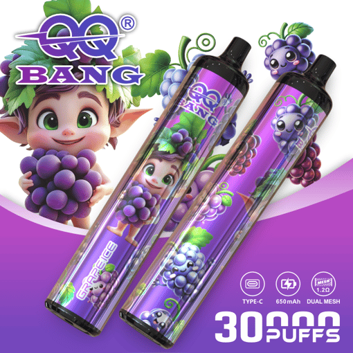 Purple grape-themed BANG vaping device ad with cute character holding grapes, showing two Type-C pods and 30 puffs text