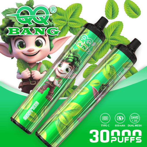 Gaming-style ad for BAN G vape with green leaves, two vape pods, Type-C 650mAh, and “30 PUFFS” text