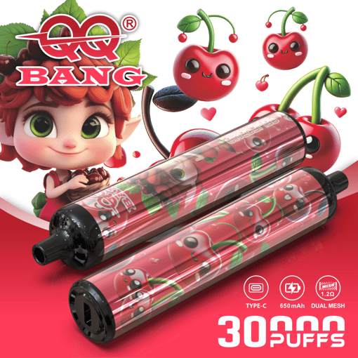 Cute cartoon cherry character with “BANG” candy-themed vape, showing 3,000 puffs and dual mesh Type-C 650mAh text
