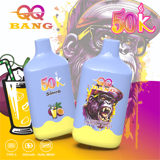 Two light-blue 500K vape bottles with llama graphics, colorful Bang text, and neon 50K headline