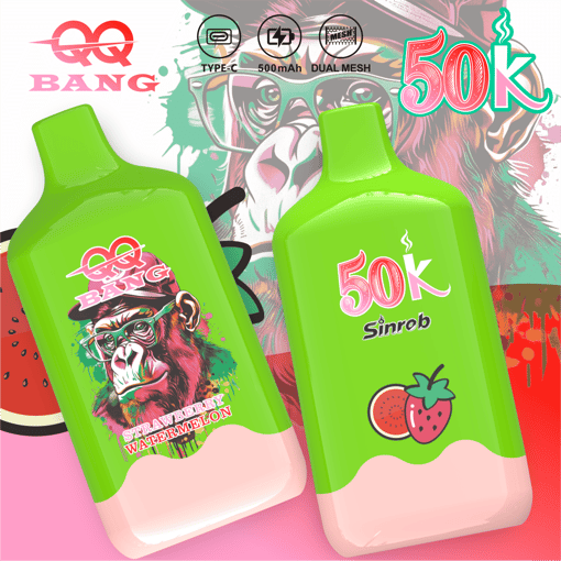 Green Sinrob water bottle pair with “50K” and “500 mAh” battery-capacity text in colorful ad design