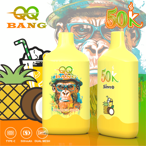 Two yellow vape bottles with “BANG” and “50K” labels, featuring an illustrated chimp in a summer theme background