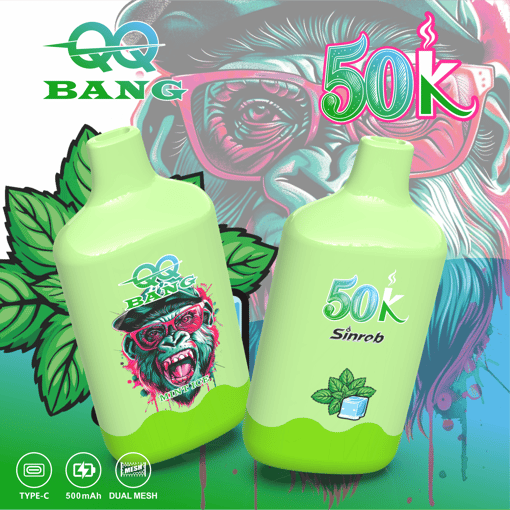 Colorful vape branding with two neon green bottles, “50K” label, and “Bang” text over a stylized face background