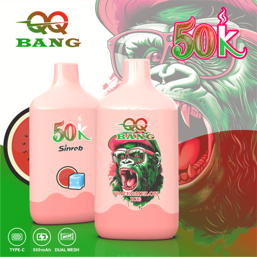 Two pink vape liquid bottles labeled 50K Bang and Watermelon Ice with a green monster graphic behind them