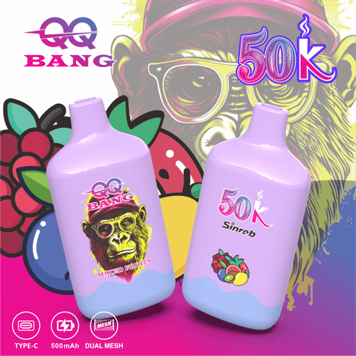 Cartoon gorilla wearing sunglasses behind two purple vape bottles labeled 50K and Bang, with “50K” in neon text