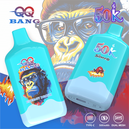 Gaming vape devices with fiery graphics and 50K SinQ b on turquoise blue cartridges, “Type-C” shown at bottom right