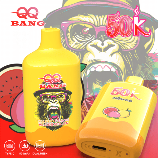 Colorful vape packaging with a yellow bottle, “50K” label, and Mango Peach Watermelon artwork on a background graphic