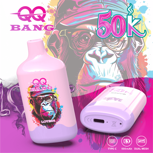 Gaming-themed vape product with “BQ BANQ” text, “500K” headline, and stylized dog illustration in pink and blue