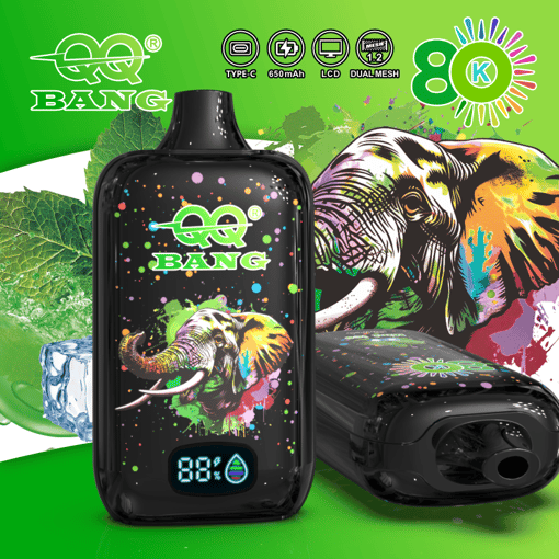 Green and black wireless ear vape device with Bang logo, screen showing 88%, and charging base with elephant and tiger graphic