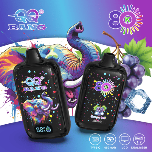 Two black vape devices with colorful graphics, “BANG” and “Grape ice” labels, on a purple background