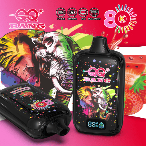 Black vape device and matching rolling tray with colorful Bang K branding and lion graphic on a vibrant background
