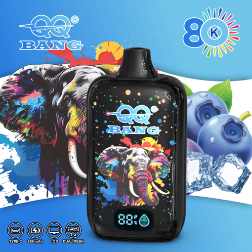 AQ BANG vape device with elephant graphic, colorful splatter background, and 80% display on a blue themed promo image