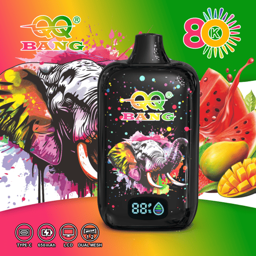 Black vape device with Q-Q BANG zebra graphic and LED display, surrounded by colorful fruit and splash background icons