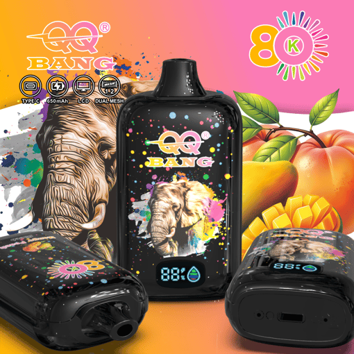 Black vape device with BANG logo, colorful splash background, and two side pods on an orange-pink banner