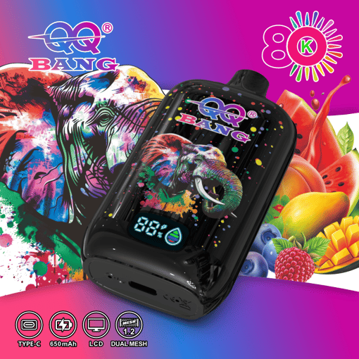 Colorful Bang vape accessory graphic with black device and Type-C, 650mAh, LCD, dual mesh labels