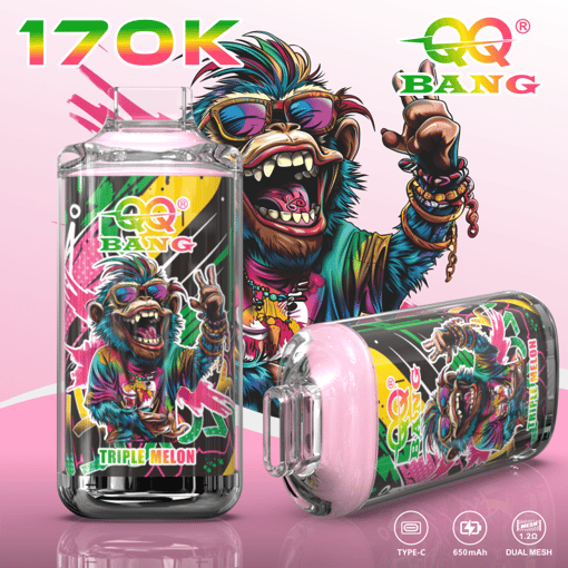 Gaming-style 1zok Bang vape canisters with blue bearded character and “Triple Melon” text on pink background