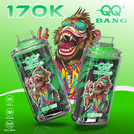 Raging cartoon lion wearing sunglasses and a colorful shirt in front of two Cool Mint vape pods, 10K Bang IQ