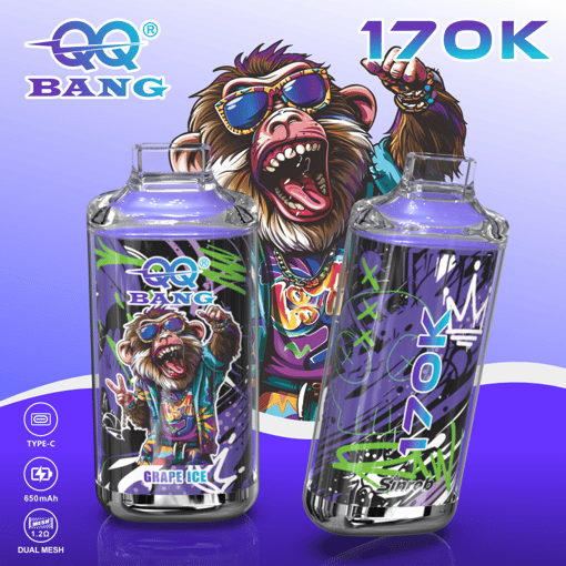 Gaming-style graphic of two 17oz bottles with a roaring bear wearing sunglasses, and purple “QQ BANG” branding