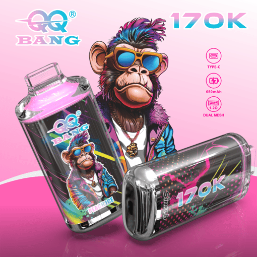 Smiling cartoon monkey with sunglasses beside “Q&Q BANG” vape devices labeled 170K and Type-C specs