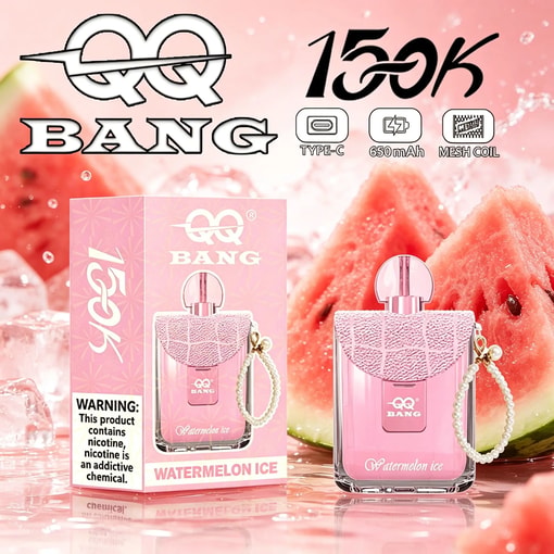 “BANG” vape product ad showing two devices with watermelon ice flavor and “15k” label, Type-C 650mAh and mesh coil icons