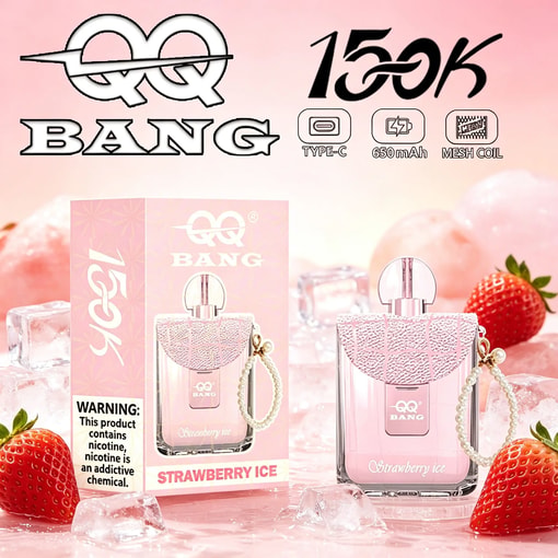 Strawberry Ice e-cigarette packaging with “15k” logo, TYPE-C, 650 mAh, and mesh coil icons, framed by strawberries