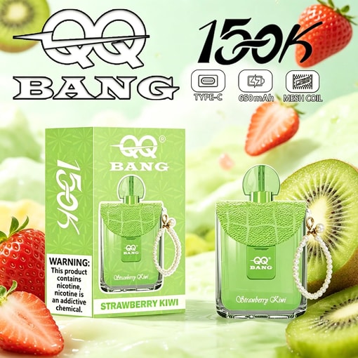 Colorful vape product ad showing “BANG” Strawberry Kiwi with Type-C, 650 mAh, mesh coil icons