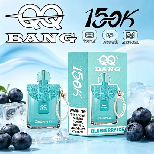 Blueberry ice e-cig display with “15k” and features Type-C 650mAh mesh coil on ice and blueberries background