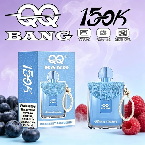 Blue vape device packaging and two e-cig bottles labeled 165K, TYPE-C, 650 mAh, mesh coil, Blueberry Raspberry