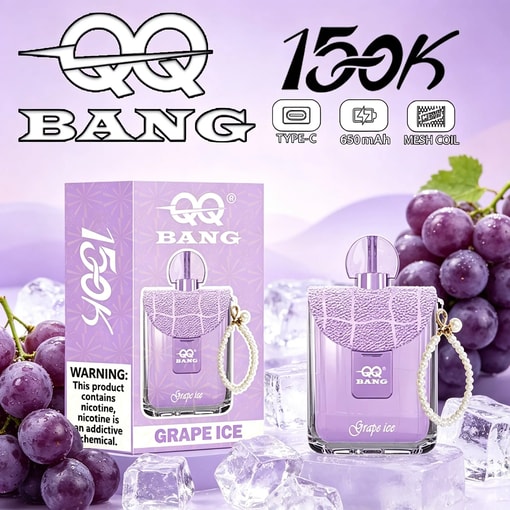 QR BANG 16sK vape flavor “Grape Ice” display with USB Type-C, 650 mAh and mesh coil icons