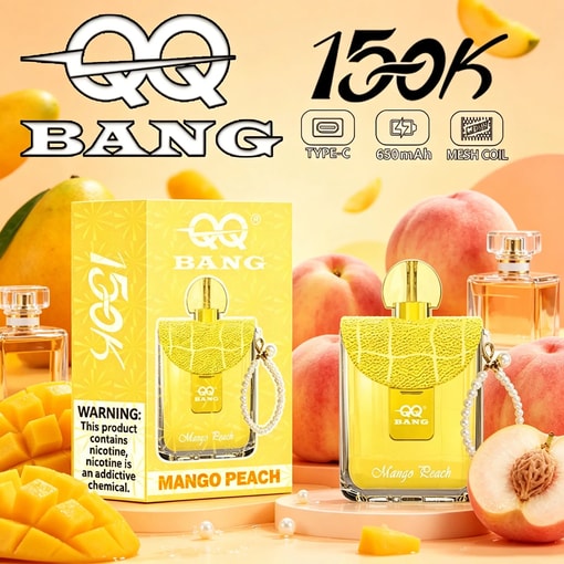 BANG Mango Peach vape packaging and two e-liquid bottles with fruit illustrations and “165k” branding