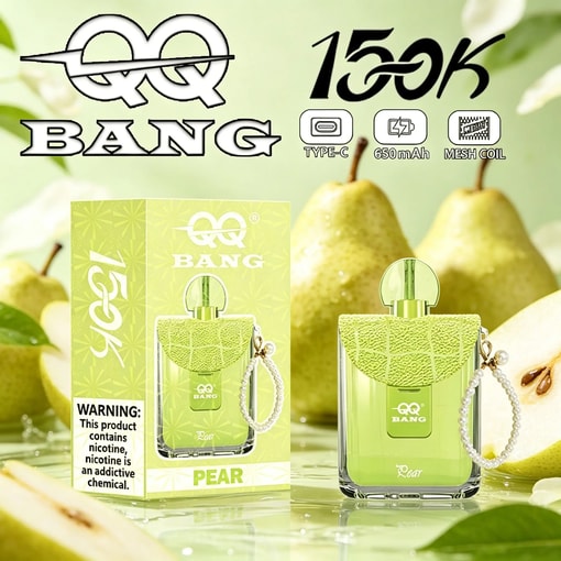 Green “15k BANG” disposable vape packaging with pear theme, showing Type-C, 650 mAh, and mesh coil features