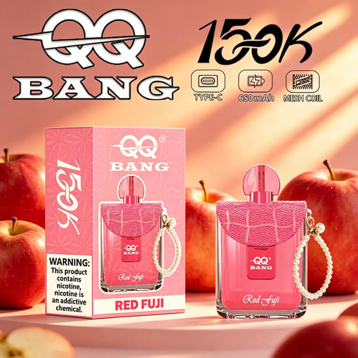 Red FuJi vape device and box with “BANG 650mAh” and “TYPE-C” icons, set against red apples background