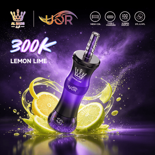 Purple vape device with lemon-lime flavor splash and “300K LEMON LIME” text on a cosmic purple background