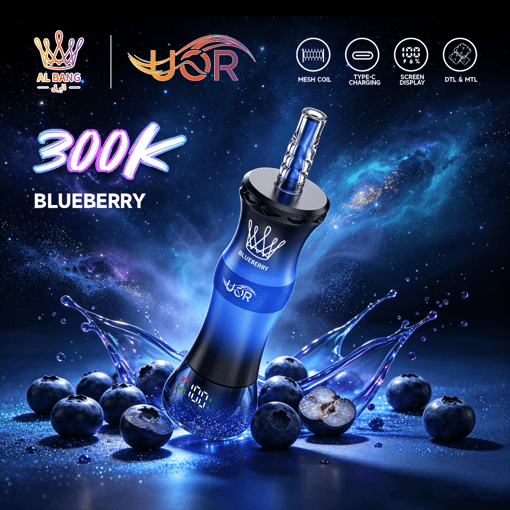 Blueberry-flavored vape device with glowing mouthpiece, “300K” text, and blueberries splashing in a starry background