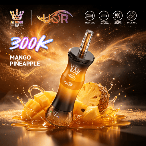 Orange vape device with charging indicators, “300K” and “Mango Pineapple” flavor text, with mango pieces and splash background